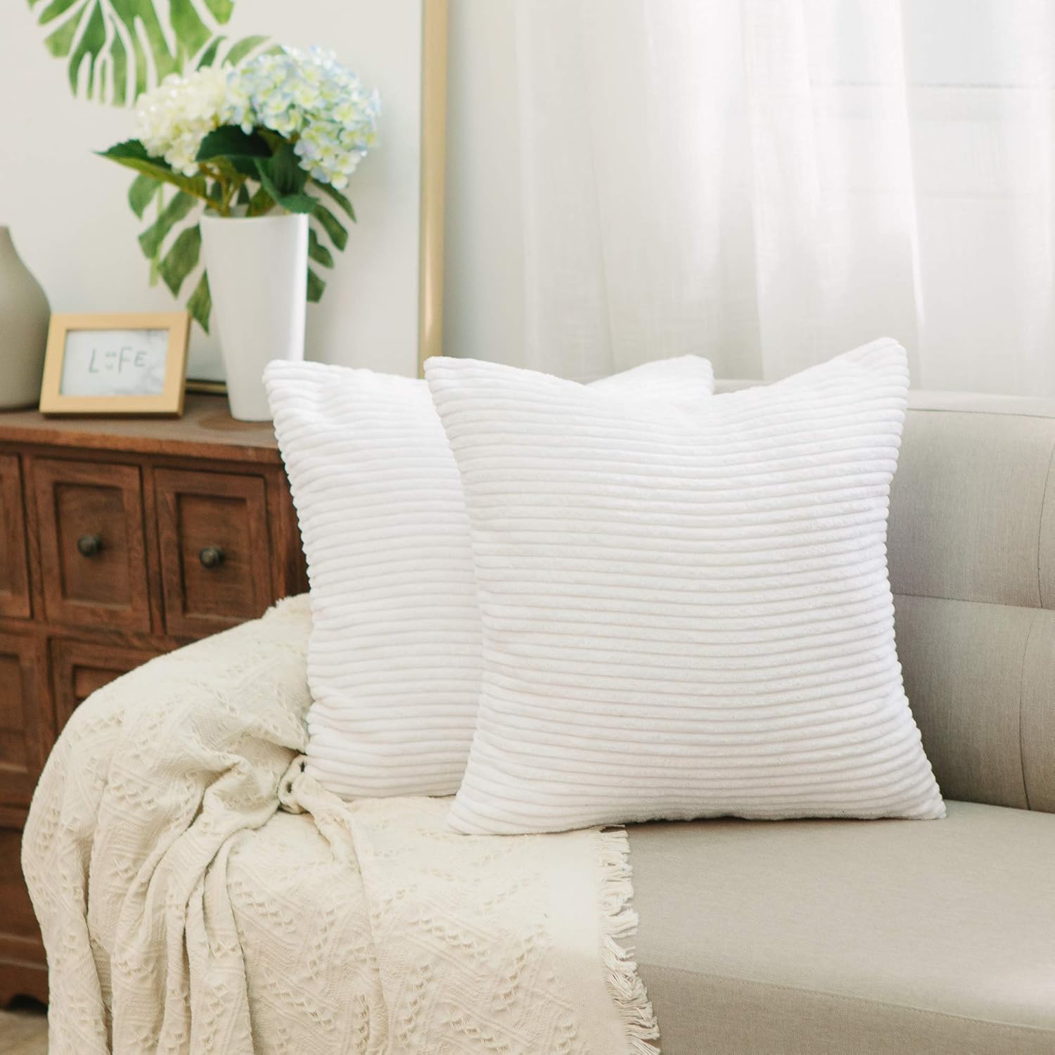 natus weaver 纯色装饰抱枕套 条纹灯芯绒靠垫 白色 2 packs, 18"x18"